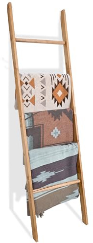 FUIN 6ft Wooden Blanket Ladder, Wood Towel Ladder, Rustic Decorative Ladder for Blankets, Farmhouse Quilt Rack for Living Room & Bathroom