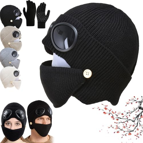 3-in-1 Unisex Knitted Goggles Beanie, 2026 New Winter Warm Ski Mask with Goggles Built In, Outdoor Thermal Fashion Aviator Hat with Face Mask & Ear Cover