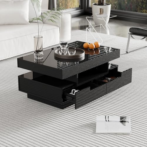 Goldicoo Coffee Table with LED Light Strip, High-Gloss Black, Four Drawers, Particle Board, 80x50x36 cm