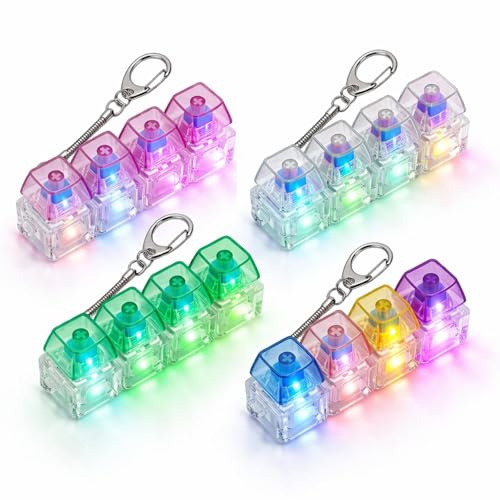 4 Stück Set Mini Tastatur 4 Tasten, Fidget Tastatur für Stressabbau, Tastatur Schlüsselanhänger mit Transparenten Leuchtenden Tasten, in Lila Grün Bunt