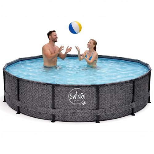 HAF - Piscina redonda con marco oscilante gris espiga de pescado (Ø 305 cm, 76 cm de profundidad) - Piscina de jardín de 4.500 litros - Robusta, resistente a los rayos UV y resistente a la corrosión