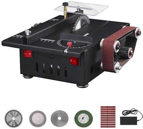 Kit mini sierra de mesa y lijadora de banda de 600W, incluye 10 bandas de lijado y 4 cuchillas de corte, Profundidad de corte máxima de 30 mm, corta madera, piedra, bambú y plástico, para bricolaje