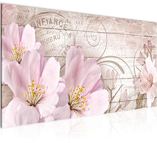 Runa Art Wandbild Vintage Blumen 1 Teilig 100 x 40 cm Modern Bild auf Vlies Leinwand Holzoptik Sakura Wohnzimmer Beige 210012c