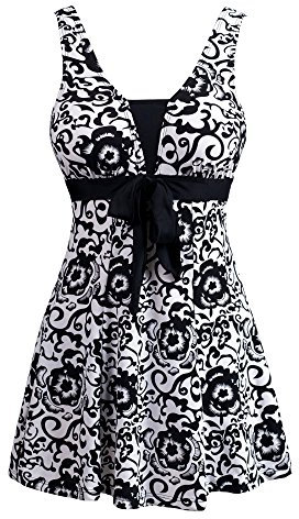 Wantdo Femme Maillots de Bain Une Pièce Robe pour Natation Sportif Impression Élasticité Imprimé Fleur Col en V Taille Plus Cache-Ventre Bretelles Larges Rembourré,Noir,EU44/ UK 16