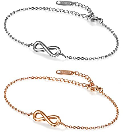 Flongo 2 Stück BFF Armbänder Unendlichkeitszeichen und Herz Freundschaftsarmband aus Edelstahl Silber und Roségold Armbänder für Beste Freundinnen/Schwestern/Mutter und Tochter