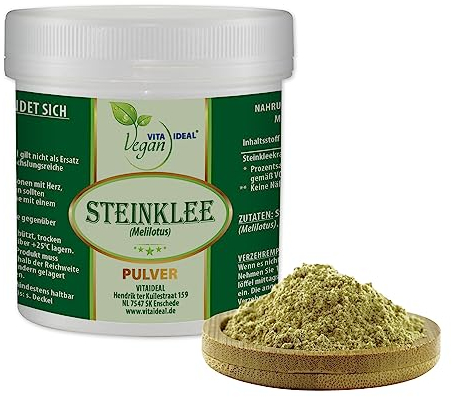VITA IDEAL Vegan® STEINKLEE - Kraut 100g PULVER - Melilotus - Tagesportion 560mg STEINKLEEKRAUT, natürlich, pflanzlich & ohne Zusatzstoffe, Inklusive Messlöffel.