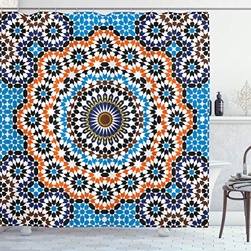 ABAKUHAUS Marokkanisch Duschvorhang, Marokkanische Keramik-Fliese, Stoffliches Gewebe Badezimmerdekorationsset mit Haken, 175 x 180 cm, Orange und Blau