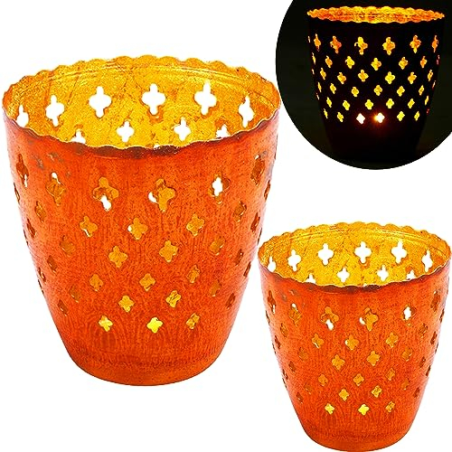 Marrakesch 2er Set Teelichthalter aus Metall Rost Gold | 2 x Windlicht Mateo als Boho Wohnzimmer Tisch Deko | Exquisite Kerzenhalter für Teelichter als Hochzeitsdeko Tischdeko Dekoartikel