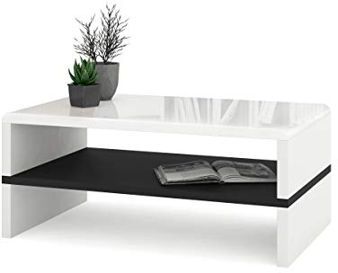 All4All Couchtisch Riva - Kleiner Kaffeetisch - Wohnzimmertisch – Sofatisch mit Ablagen - kompakte Größe - Sofatisch - 100x60cm - 05 - Weiß Hochglanz + Schwarz