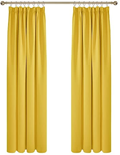 Deconovo Yellow Curtains Pencil Pleat Thermal Insulated Blackout Curtains for Bedroom 90 x 90 Inch Mustard Yellow 1 Pair