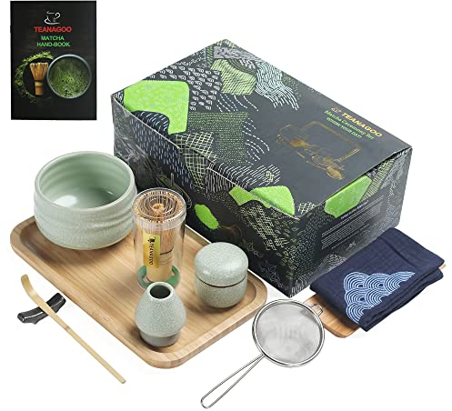 TEANAGOO Set de Thé Japonais Set de Fouet à Matcha Bol à Matcha Bambou Fouet à Matcha (Chasen) Scoop (chashaku) Support de Fouet à Matcha Kit de Préparation de Thé. Kit de poudre de thé vert O6 Match