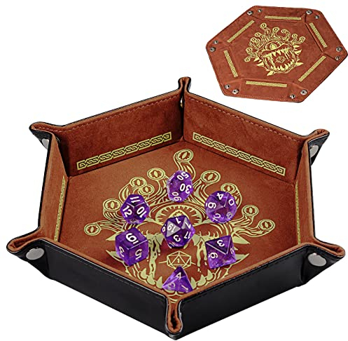 D&D Würfeltablett aus PU-Leder mit sechseckigem Würfelhalter, bedruckt mit tragbarer und faltbarer Würfel, Rollmatte für Brettspiel und Tischplatte, RPG (Stil B)