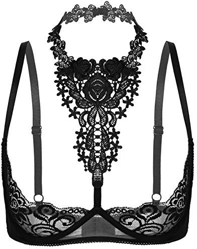 Freebily Reggiseno Aperto Sexy Donna Hot Lingeire Sexy Trasparente Bra Pizzo Floreale Camisole da Danza Bikini Top Nero Biancheria Sexy Hot per Sesso Push Up Canottiera Nero T L