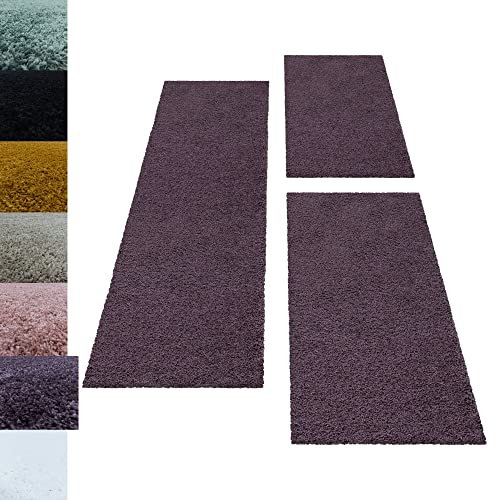 Carpettex Bettumrandung Schlafzimmer 3teilig Shaggy Teppich Hochflor Einfarbig Violett Bettset:2 mal 80x250 + 1 mal 100x200 - Bettvorleger Schlafzimmer Läufer Set Weich Flauschig Bettumrandung Teppich
