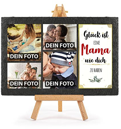 Schieferplatte selbst gestalten - mit 4 Fotos bedrucken - Glück ist eine Mama wie dich zu haben - Geschenk Muttertag, Geburtstag, Weihnachten, Schiefertafel mit Staffelei, 20 x 30 cm