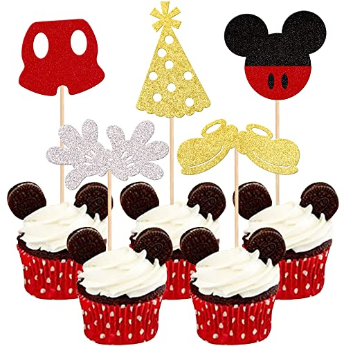30 Pack Mickey Mouse Inspired Cupcake Toppers Red Gold Glitter Gloves Mouse Cupcake Picks Baby Shower Kids Boys Birthday Party Cake Decorations Supplies