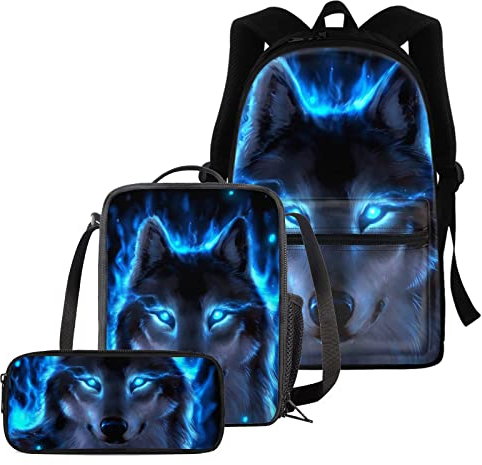 chaqlin Juego de bolsas escolares para niños y niñas, juego de 3 bolsas escolares, estuche para lápices, lonchera térmica, Lobo Azul Neón, Mochila infantil