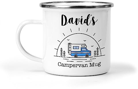 Daytripper Personalised Campervan Mug Indoor Outdoor Enamel Cup Camper Van Gift for Him Her Tea Coffee Dads Mums Birthday Girls Ladies Mens Gifts (Blue)