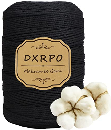 DXRPO Hilo Macrame 3mm x 300m, Cuerda Macrame de Algodón Suave de 4 Hilos, Usado para Macrame Pared, Macrame Cortinas, Macrame Colgante, Decoracion Paredes de Dormitorio y Boda Decoracion (Negro)
