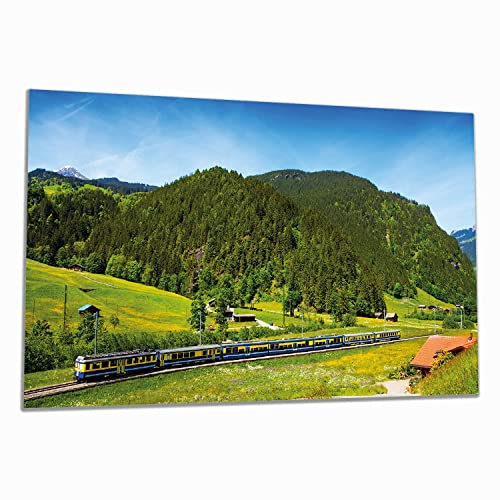 Wallario Herdabdeckplatte/Spritzschutz aus Glas, 1-teilig, 90x52cm, für Ceran- und Induktionsherde, Eisenbahn in Einer Sommerlandschaft in der Schweiz