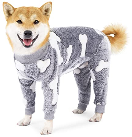 MeiAOBest Hund Overall, Haustier Winter Flanell Vierbeinige Warme Pyjamas, Kaltes Wetter Hund Onesie, Winterkleidung Für Mittlere Und Große Hunde_XL(Grau)