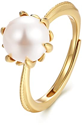 SKAIJEWEL Perlenringe Blume Silber 925 Damen Ringe Offen Vergoldet Verstellbarer Perle Ring und 8MM Imitationsperle Knopf Jubiläumsgeschenke für Frauen