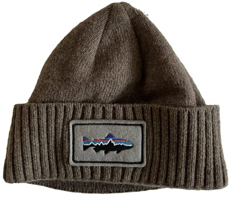 Patagonia Unisex Brodeo Beanie Mütze, Einheitsgröße, recycelte Wollmischung, Totenkopf (Heather Brown - Filzfisch-Patch), Braun