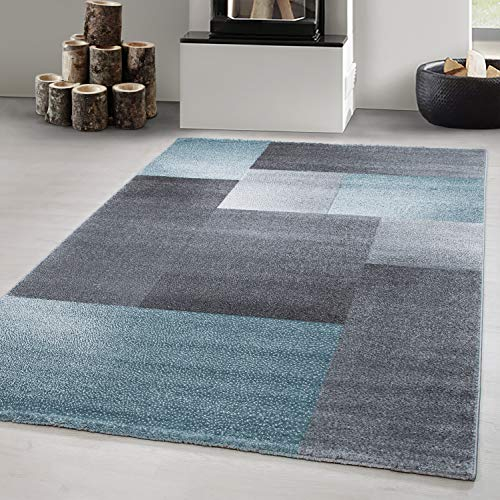 Carpetsale24 Modern Designer Kurzflor Teppich, Kariert Design, Rechteckig, Blau und Grau Meliert, Teppiche für Wohnzimmer, Schlafzimmer oder Esszimmer, Größe:240 x 340 cm