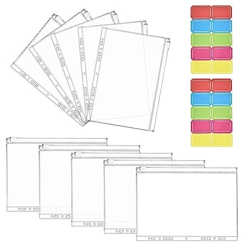 HAOMEEDUO 10 Stück A4 Dokumententasche Bindertasche mit Reißverschluss PVC Reißverschlusstasche A4 Zipper Taschen mit 11 Löcher Klarsichthüllen Transparent Prospekthülle mit Aufkleber für Dokumenten