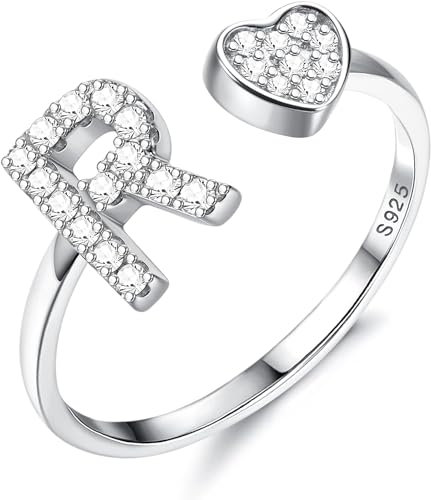 Diamday S925 Sterling Silber Verstellbarer Buchstabe Ring für Damen Mädchen - Herz Stapelbare Offener Initiale Alphabet A-W Personalisierter Ring Mit Großbuchstaben Initialen Schmuck Geschenke