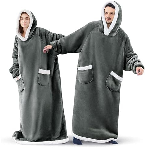 Sacebeleu Kuscheldecke mit Ärmeln,Oversized Weich Decke Hoodie Sweatshirt,Sherpa Kapuzenpullover für DamenHerren,Flauschige Flanell TV-Decke mit Ärmel,Tragbar Ganzkörperdecke,Dunkelgrau
