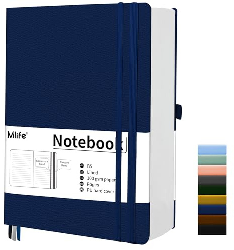 Mlife Notizbuch B5 Liniert,300 Seiten Und 100g/M² Tintenfestes Papier,PU Hard Cover Notebook,Hardcover Collegebloc,Tagebuch für Erwachsene,Notizbücher Mit Falttasche für Bullet Journal&Journals(Blau)