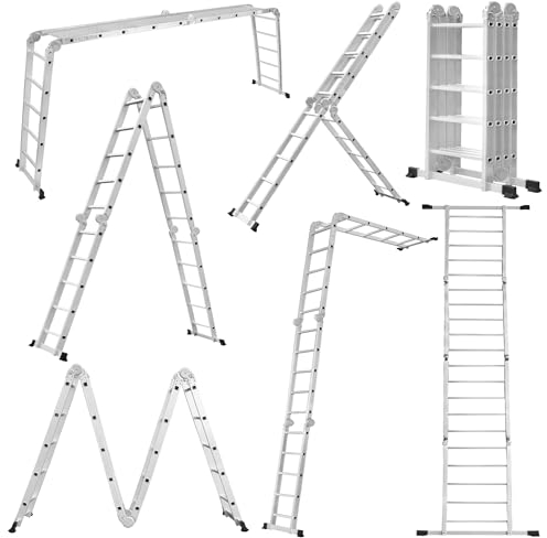 LARS360 7-in-1 Multi-Purpose Ladder, 580 cm, Aluminium Ladder, Multifunctional Ladder, 4 x 5 Steps, Folding Ladder, Joint Ladder, Household Ladder with Platform and Wheels, Ladder Stepladder, Maximum
