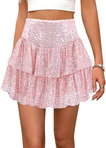 Segreto Damen Glitzer Pailletten Rock A-Linie Hohe Taille Minirock Dehnbar Faltenrock Glockrenrock Party Kurz Röcke Rosa
