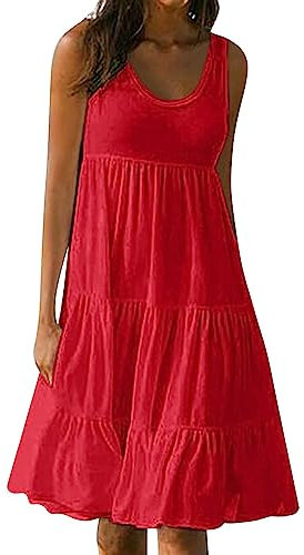 Abito estivo da donna, lunghezza al ginocchio, elegante, casual, girocollo, per il tempo libero, da spiaggia, con spalline, senza maniche, elegante e largo, in tinta unita, mini abito da spiaggia,