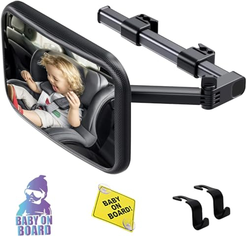 SHEGZHUC Baby Autospiegel 360° Spiegel Auto Baby Rückbank Mit Ausziehbaren Arms Autospiegel Baby Rücksitz Baby Erstausstattung Neugeborene + 2 Baby on Board Aufklebern & 2 Auto Kopfstützen Haken