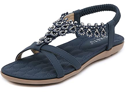 ZDQ Sandalen Damen Sommer Bequem Elegant Flach Sandaletten Frauen Outdoor Freizeit Bohemian Strand Schuhe mit Weich Fussbett Blau 40