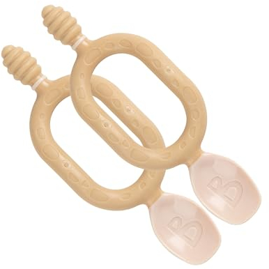 Bibado - Dippit Baby Spoon and Dipper, Fawn (2-Pack) - Soft, Chewable Dipper & Deep Spoon - Two-Hand, Sensory Grip - Baby Weaning Set - Weaning Spoons - Baby Gifts - Baby Essentials - 6 Months+
