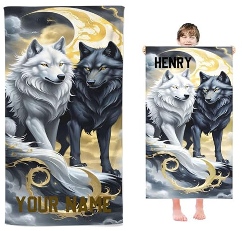 Fadaing Personalisiert Wolf Strandtuch Mit Namen, Personalisierte Handtuch Badetuch Mit Namen Mikrofaser Strandtuch Groß 100x200cm Badetuch 3D Wölfe Für Kinder (60 x 120 cm,1)