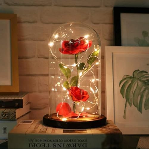 Furnsii La Bella e la Bestia Rose Eterna, Rosa Incantate in Cupola di Vetro con Luci Calde, Rosà Stabilizzata Regalo per San Valentino, la Festa della Mamma, Anniversario, Moglie, Fidanzata