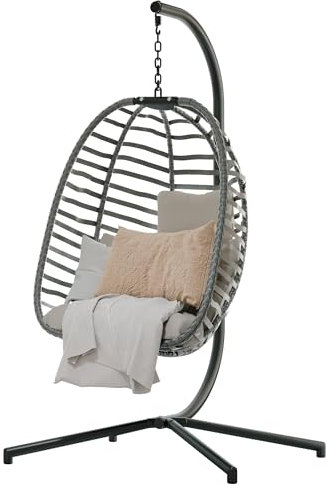 Gurexl Hamaca colgante con estructura, silla colgante de mimbre con cojines gruesos, columpio colgante para cesta de huevos para interior y exterior, para terraza, dormitorio, porche, jardín, 158 kg