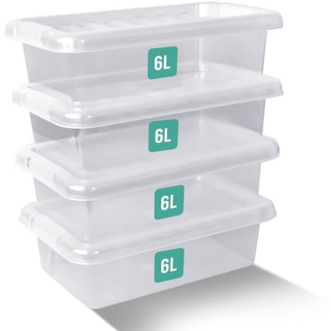 Klass Home Collection 4 x 6 Litre Plastic Storage Boxes With Lids Set of 4, Clear Multipurpose Nestable Stackable Plastic Storage Box With Lid 6L Clear Containers For Home, Kitchen, Garage, Office