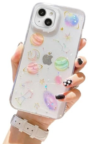Yzniyzce Compatible with iPhone 16 Plus Clear Case, Cute Cases with Design Sparkle Stars and Moon Bling Glitter Planet Aesthetic Soft TPU Silicone Shockproof Cover for Women Girls, Space(6,7 inch)