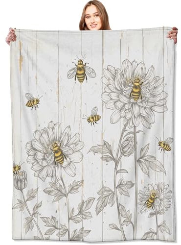 VODRM Coperta vintage in legno botanico rustico con api e fiori, regalo di compleanno per donne, in morbido pile leggero, per divano, letto, camera da letto, casa colonica, 127 x 152,4 cm