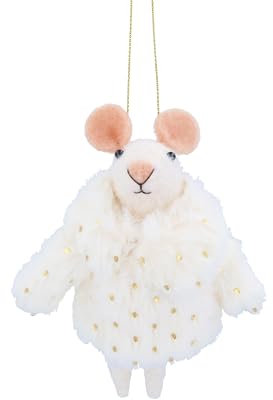 Gisela Graham Souris en laine blanche 13 x 10 x 4 cm, ornement suspendu pour décoration d'arbre de Noël