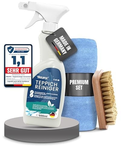 Treufix - Teppichreiniger & Polsterreiniger [Profi SET inkl. Teppichbürste & Mikrofasertuch] Stark gegen Flecken | für alle Teppichböden und Polster | Teppich Reinigungsmittel 500ml - Made in DE