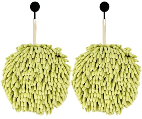 Fuzzy Ball Hand Towels, Set of 2, Chenille Quick Dry, 6.9inch(green)