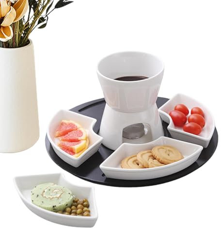 Ceramic Chocolate Fondue Pot Set, 300ml Butter Fondue Set, Ceramic Melting Fondue Pot Kit, Cheese Fondue Sets with Wooden Pallet and 4 Dishes for Beaches, Parties, Buffets, Picnics, Afternoon