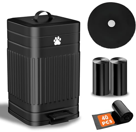 Kopuncare Dog Poop Trash Can Outside, 5L/1.3Gal Metal Dog Waste Trash Can with Lid, Foot Pedal, Pet Waste Container with 40 Bags, Poop Bucket with Lid Soft Close for Pet, Black