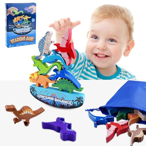 Nicrulp Holzspielzeug Stapel, Stapelspiel Holz, Montessori Stapelspiele, Dinosaurier Stapelspielzeug für Kleinkinder, Dinosaurier Motorik Spielzeug, Animal Balance Game, für Kinder Ab 3 Jahre